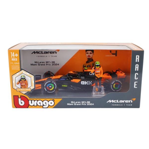 Carro Formula 1 Team Mclaren MCL38 Miami Grand Prix con Figura Esc 1/24 2024 Norris 4 14a+(280407)