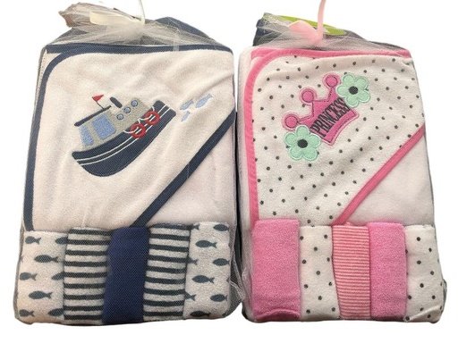 [FDBQ01108] Conjunto Toalla con Capucha y 5 Pañitos Bolsa de Regalo Surt/2 0-12m