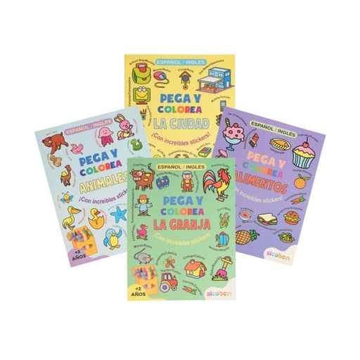 [ES0271] Libro Pega y Colorea la Ciudad,Alimentos,Animales y La Granja Surt/4