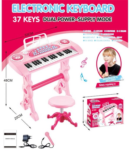 [WW32803] Teclado Rosado Electrónico C/ Banquito y Micrófono 37Teclas 3a+